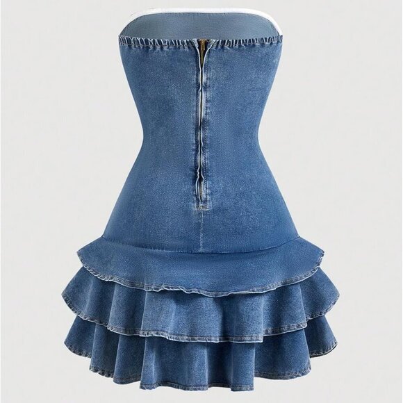 Women's Strapless Denim Mini Dress Ruffle Layered A Line Bow Zipper - Picture 2 of 4
